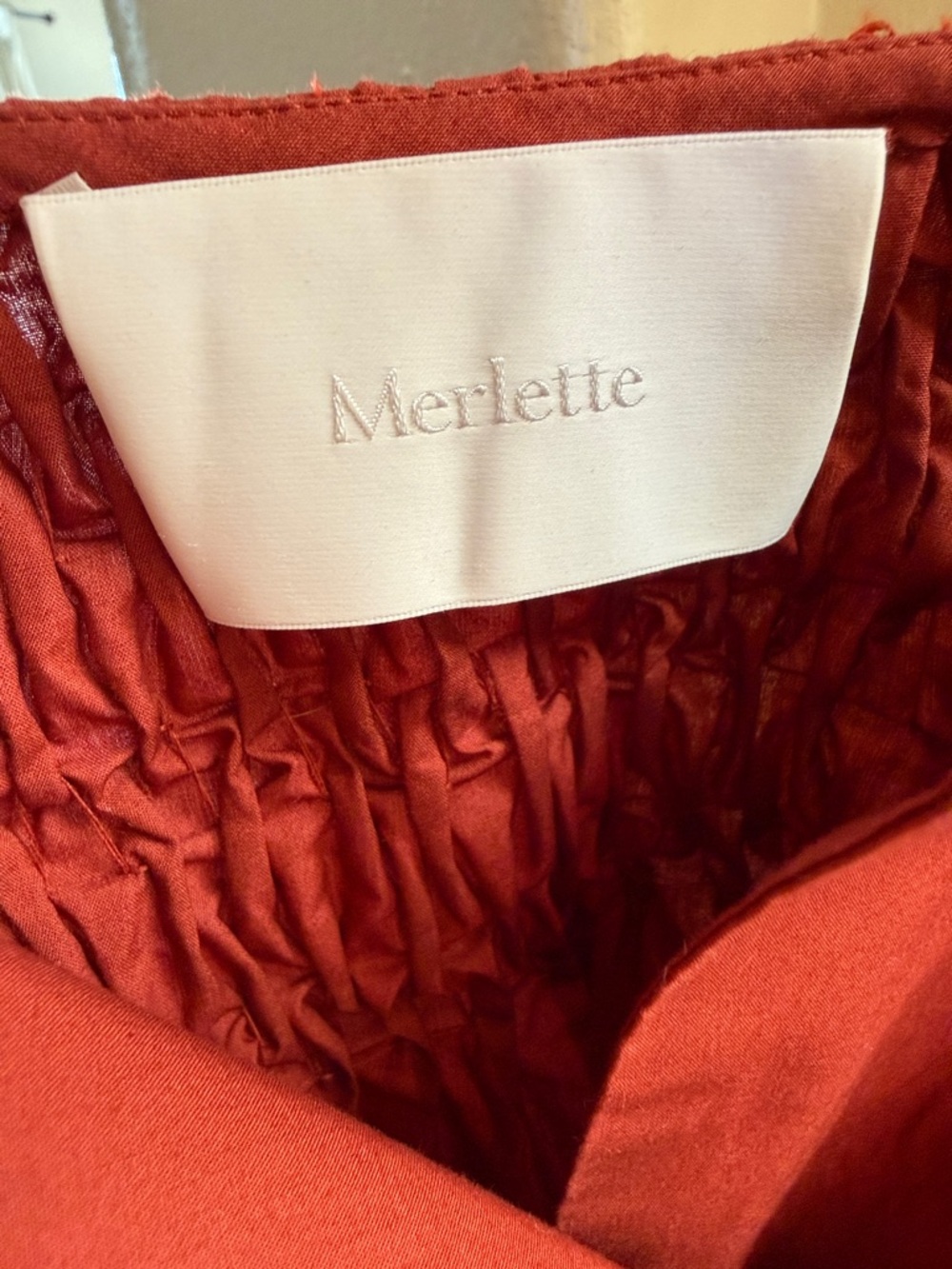 Merlette Dalen Top M Terracotta Pima Cotton Smocked Yoke Pleated Sleeve Blouse - Picture 4 of 9